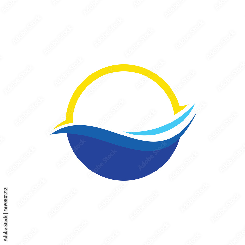 Ocean Wave Logo, Circle wave and sun symbol, outline minimalist logo