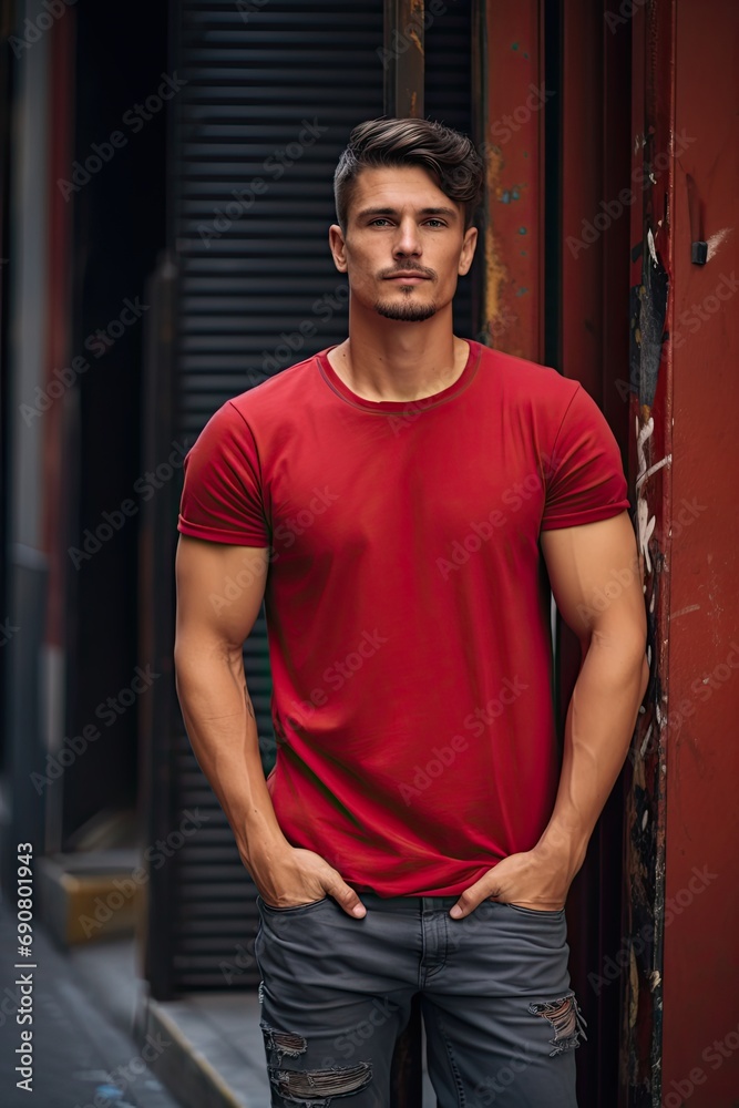 Man in a red T-shirt against the background of the city Man in a red T-shirt against the background of the city