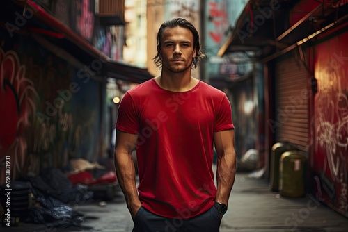 Man in a red T-shirt against the background of the city