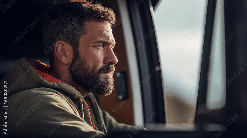 A focused truck driver looking at the road ahead, Truck driver, blurred background, with copy space