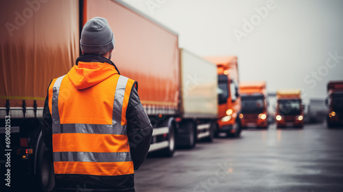 A truck driver inspecting the cargo in the trailer, Truck driver, blurred background, with copy space
