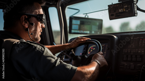 A truck driver communicating over the radio inside the truck cabin, Truck driver, blurred background, with copy space