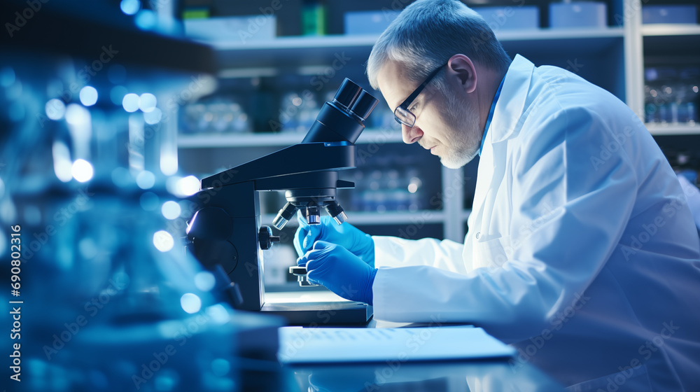 A Molecular Technologist examining cell cultures under a microscope, Molecular Technologist, blurred background, with copy space A Molecular Technologist examining cell cultures under a microscope, Molecular Technologist, blurred background, with copy space