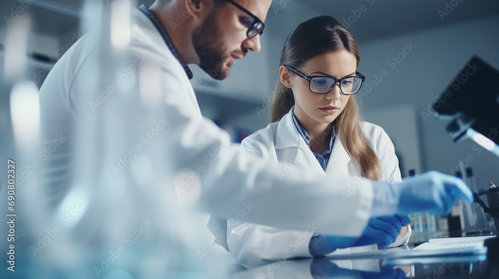 A Molecular Technologist discussing findings with a colleague, Molecular Technologist, blurred background, with copy space A Molecular Technologist discussing findings with a colleague, Molecular Technologist, blurred background, with copy space