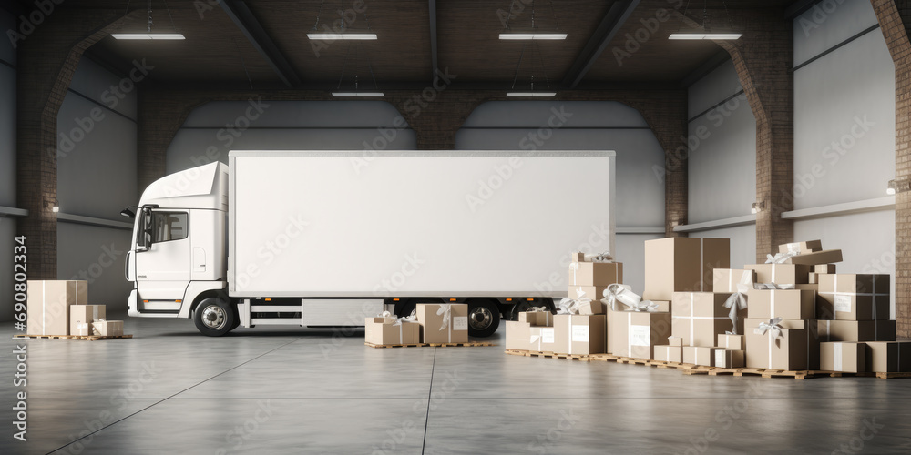 A white trucks for mock up in a warehouse with parcels