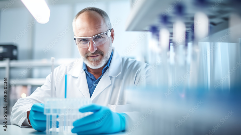 A Molecular Technologist inspecting a series of test tubes, Molecular Technologist, blurred background, with copy space A Molecular Technologist inspecting a series of test tubes, Molecular Technologist, blurred background, with copy space