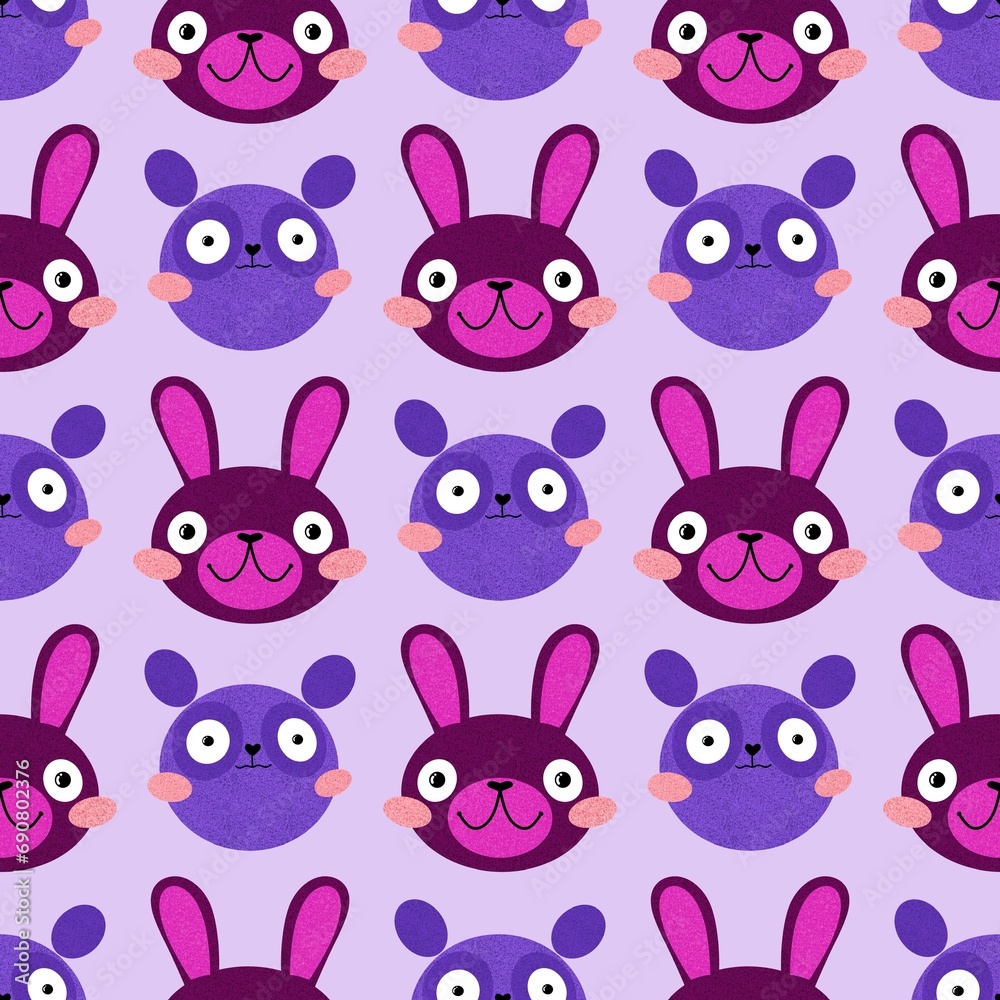 Fototapeta premium Cartoon retro animals seamless rabbits and bears pattern for wrapping paper and fabrics and linens