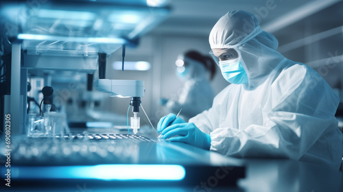 A Molecular Technologist using advanced diagnostic equipment, Molecular Technologist, blurred background, with copy space