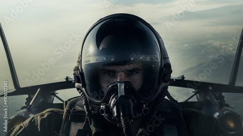 Fighter Pilot in flight wearing flying helmet, dark visor and oxygen mask © David