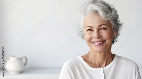 Smiling middle aged mature pensioner grey haired woman looking at camera. happy old lady posing at modern home indoor. positive single senior retired female in living room headshot portrait AI photo