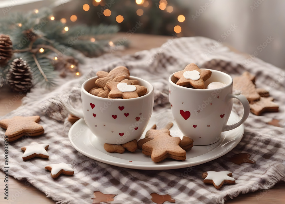 Winter festive still life. Cup of coffee, Star and heart shaped gingerbread cookies on checkered table cloth in sunlight. Christmas breakfast concept. Blank greeting card, invitation mockup. Flatlay Winter festive still life. Cup of coffee, Star and heart shaped gingerbread cookies on checkered table cloth in sunlight. Christmas breakfast concept. Blank greeting card, invitation mockup. Flatlay