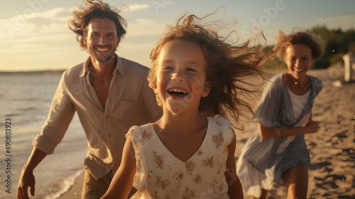 a family laughing exuberantly. A beautiful summer baltic beach in the background. sand is glowing golden. sunny summer day. diffuse sunlight. generative AI photo