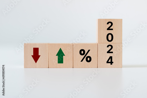 2024 Business performance concept. Percent, up or down arrow symbol icon. Economic and financial analysis, rising and falling trend. Interest rate, stocks, financial, ranking, mortgage and loan rates.