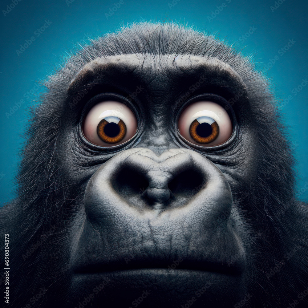 Closeup Funny Portrait of surprised gorilla with Huge Eyes on solid blue background, wide angle shot. ai generative Closeup Funny Portrait of surprised gorilla with Huge Eyes on solid blue background, wide angle shot. ai generative