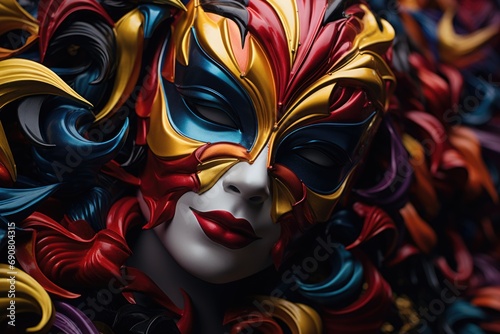 A vibrant carnival unfolds colorful masks adorning people's faces, creating atmosphere of joy, festivity, mystery. mask showcase intricate designs, adding element of elegance to lively celebration. photo