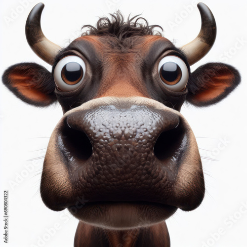 Closeup Funny Portrait of surprised bull with Huge Eyes on solid white background, wide angle shot. ai generative