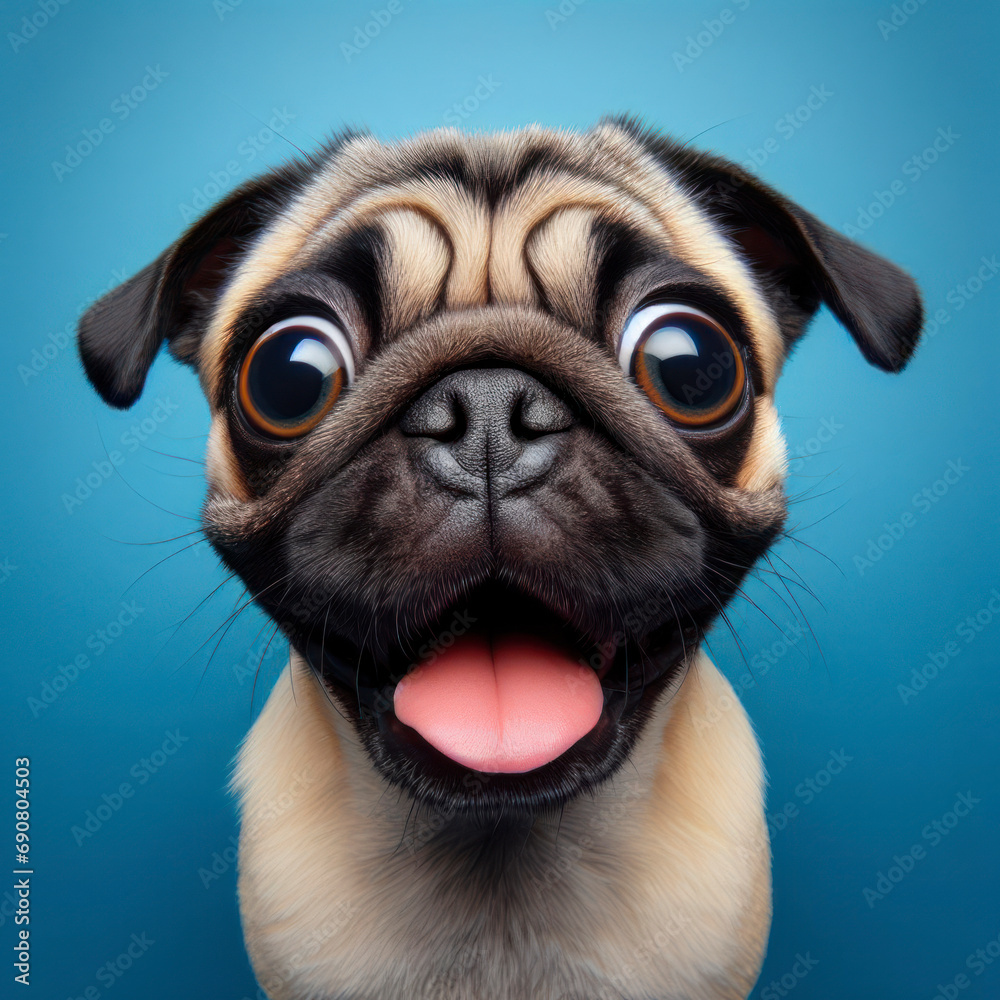 Closeup Funny Portrait of surprised pug dog with Huge Eyes on solid blue background, wide angle shot. ai generative