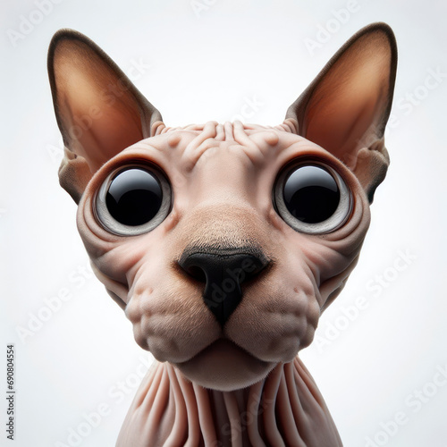 Closeup Funny Portrait of surprised sphinx cat with Huge Eyes on solid white background, wide angle shot. ai generative