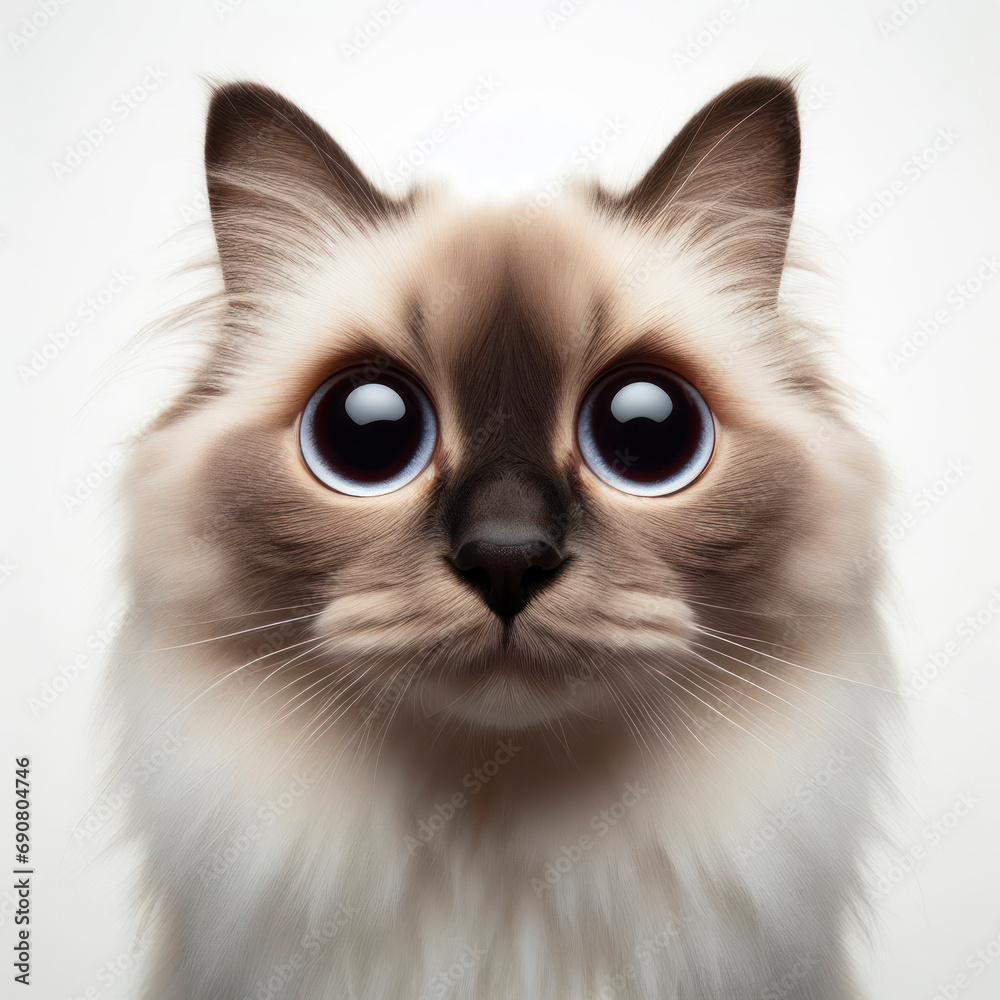 Closeup Funny Portrait of surprised birman cat with Huge Eyes on solid white background, wide angle shot. ai generative