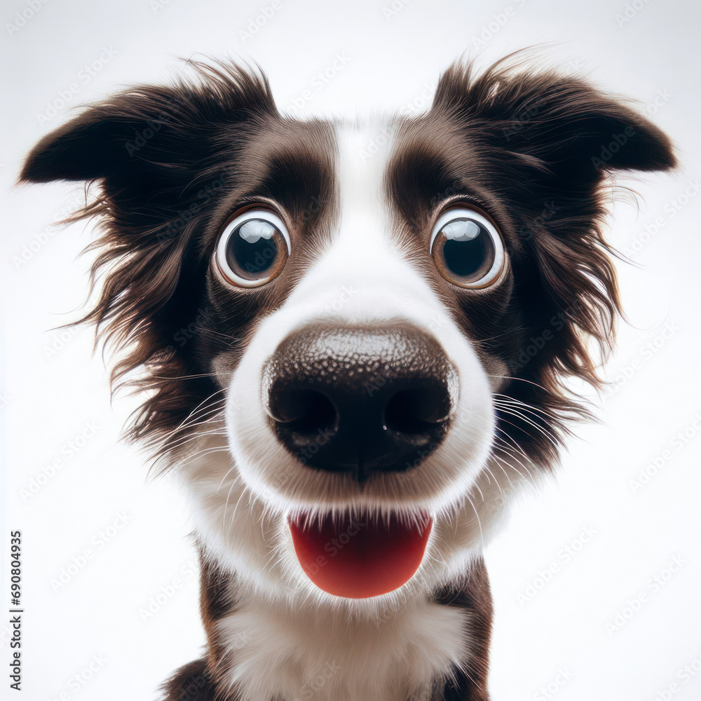 Closeup Funny Portrait of surprised dog border collie with Huge Eyes on white background, wide angle shot. ai generative Closeup Funny Portrait of surprised dog border collie with Huge Eyes on white background, wide angle shot. ai generative