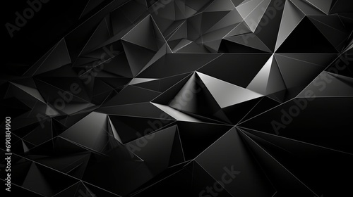 Black white abstract background. Geometric shape. Lines, triangles. 3d effect. Light, glow, shadow. Gradient. Dark grey, silver. Modern, futuristic. Design concept. Wallpaper concept. Abstract concept © IC Production