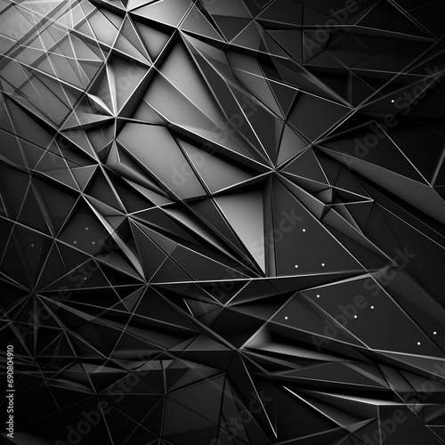 Black white abstract background. Geometric shape. Lines, triangles. 3d effect. Light, glow, shadow. Gradient. Dark grey, silver. Modern, futuristic. Design concept. Wallpaper concept. Abstract concept