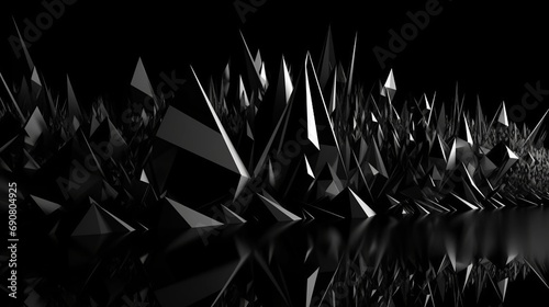 Black white abstract background. Geometric shape. Lines, triangles. 3d effect. Light, glow, shadow. Gradient. Dark grey, silver. Modern, futuristic. Design concept. Wallpaper concept. Abstract concept