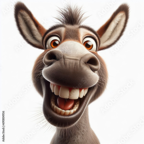 Closeup Funny Portrait of surprised donkey with Huge Eyes on solid white background, wide angle shot. ai generative