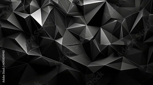 Black white abstract background. Geometric shape. Lines, triangles. 3d effect. Light, glow, shadow. Gradient. Dark grey, silver. Modern, futuristic. Design concept. Wallpaper concept. Abstract concept