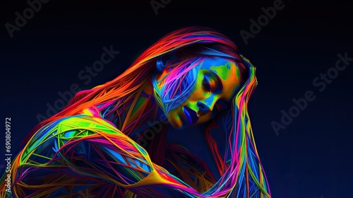 Sihouette of a woman portrait with lines and neon effects on black background