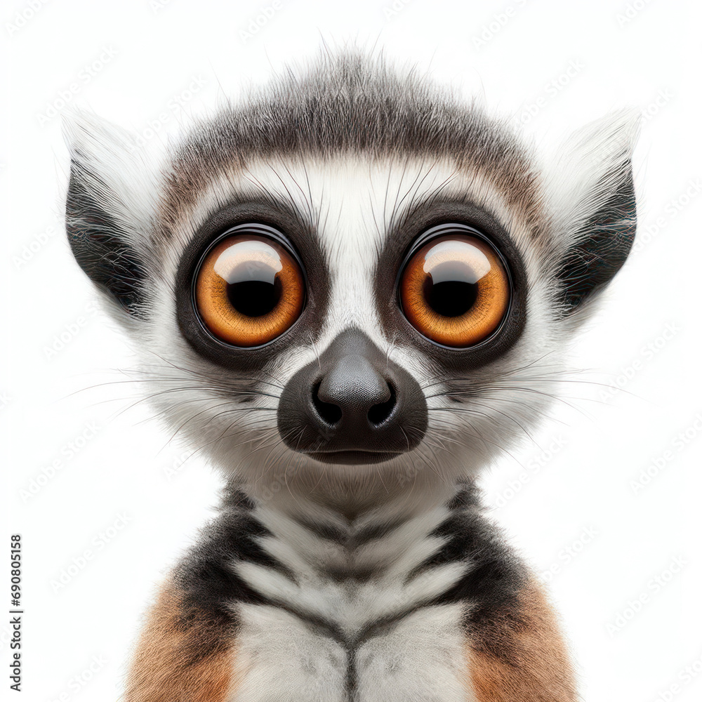 Closeup Funny Portrait of surprised lemur with Huge Eyes on solid white background, wide angle shot. ai generative