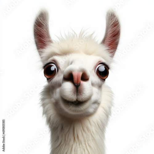 Closeup Funny Portrait of surprised llama with Huge Eyes on solid white background, wide angle shot. ai generative