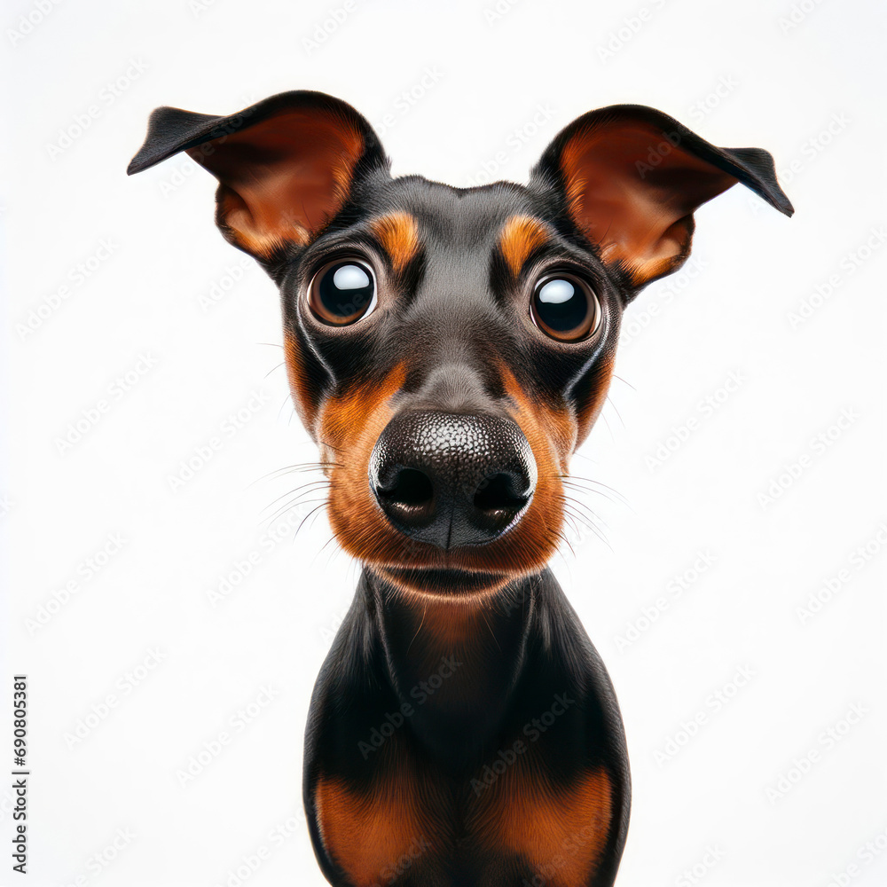 Closeup Funny Portrait of surprised pinscher dog with Huge Eyes on white background, wide angle shot. ai generative