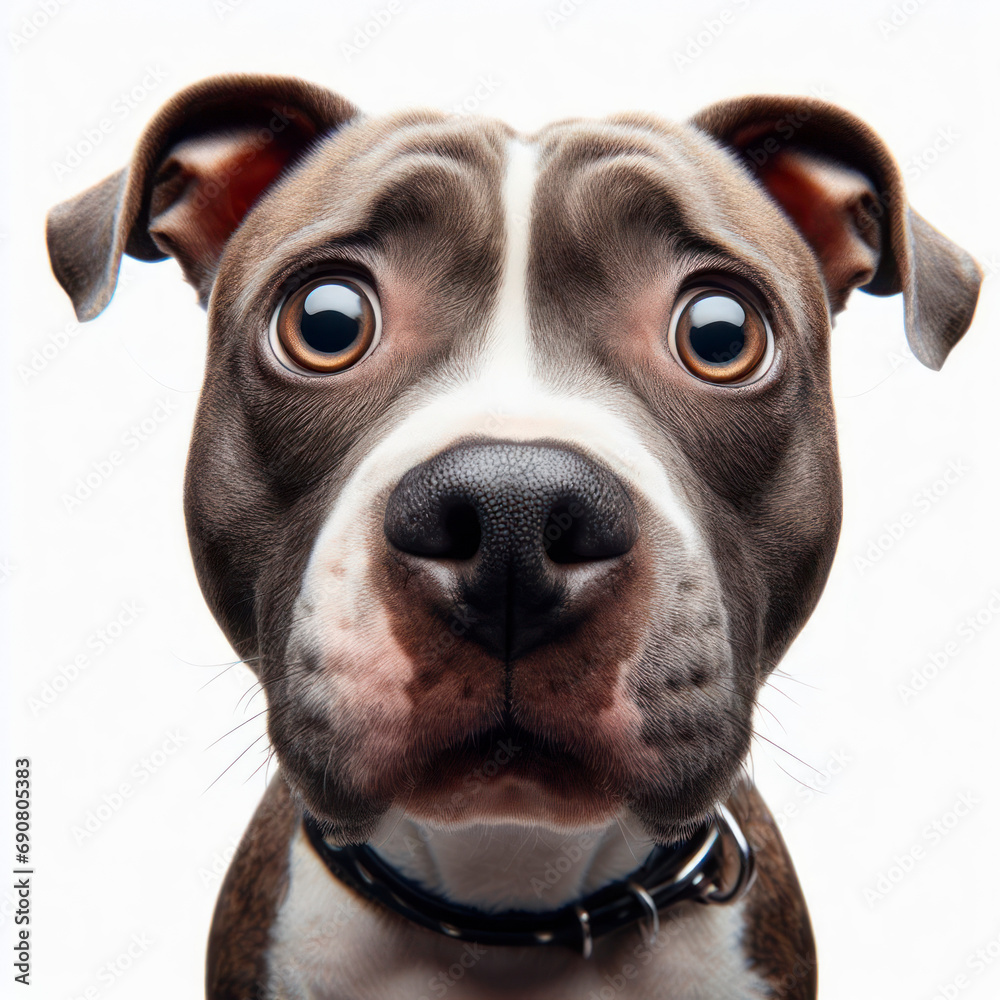 Closeup Funny Portrait of surprised pitbull dog with Huge Eyes on white background, wide angle shot. ai generative