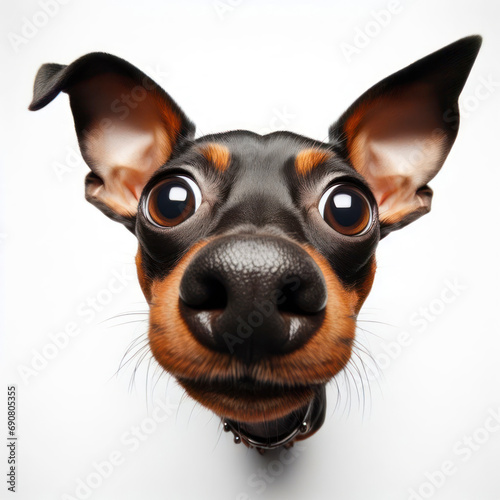 Closeup Funny Portrait of surprised pinscher dog with Huge Eyes on white background, wide angle shot. ai generative © Igor
