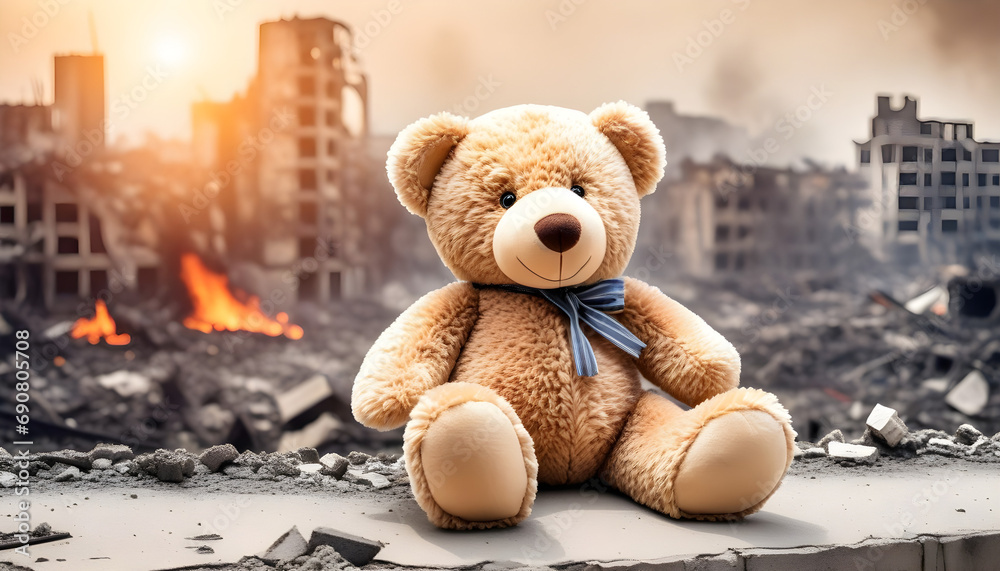kids teddy bear toy over city burned destruction of an aftermath war conflict, earthquake or fire and smoke of world war against children peace innocence as copyspace banner kids teddy bear toy over city burned destruction of an aftermath war conflict, earthquake or fire and smoke of world war against children peace innocence as copyspace banner