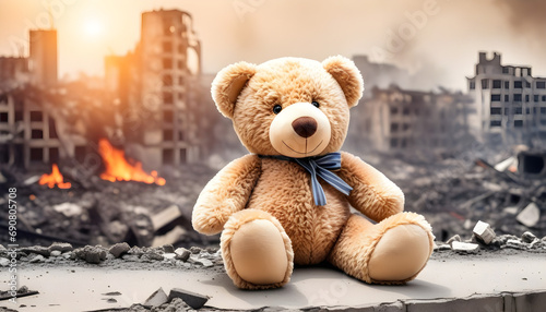 kids teddy bear toy over city burned destruction of an aftermath war conflict, earthquake or fire and smoke of world war against children peace innocence as copyspace banner