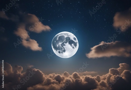 Romantic Moon In Starry Night Over Clouds