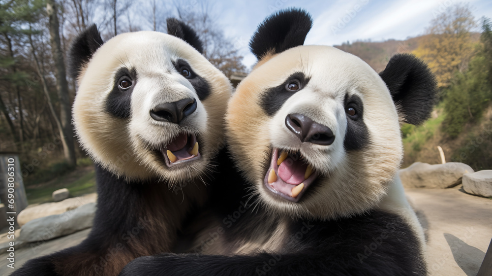 Obraz premium Two pandas taking a selfie.