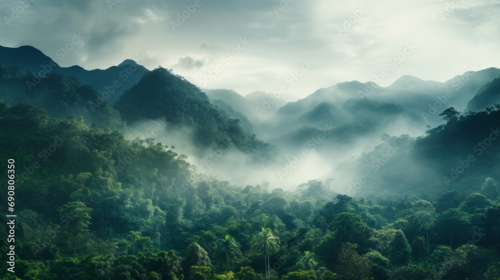 Foggy landscape in the jungle. Fog and cloud mountain tropic valley landscape Foggy landscape in the jungle. Fog and cloud mountain tropic valley landscape