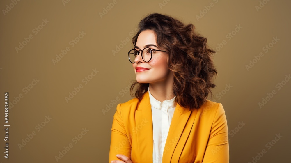 Young happy cheerful professional business woman, happy laughing female office worker wearing glasses looking away, copy space, 16:9