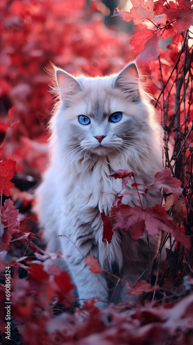 A cat with blue eyes sits surrounded by beautiful leaves. photo