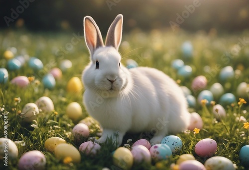 Adorable Bunny With Easter Eggs In Flowery Meadow