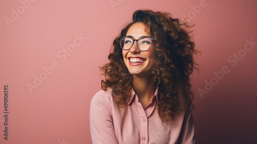 Young happy cheerful professional business woman, happy laughing female office worker wearing glasses looking away, copy space, 16:9 photo