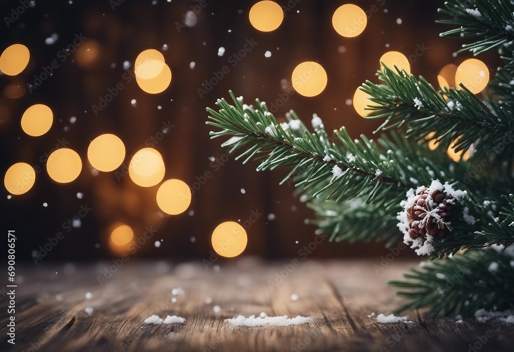 Christmas Fir Tree On Wooden Background With Snowflakes Christmas Fir Tree On Wooden Background With Snowflakes