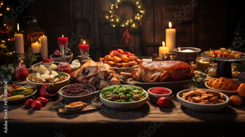 Christmas Dinner table full of dishes with food and snacks, 16:9