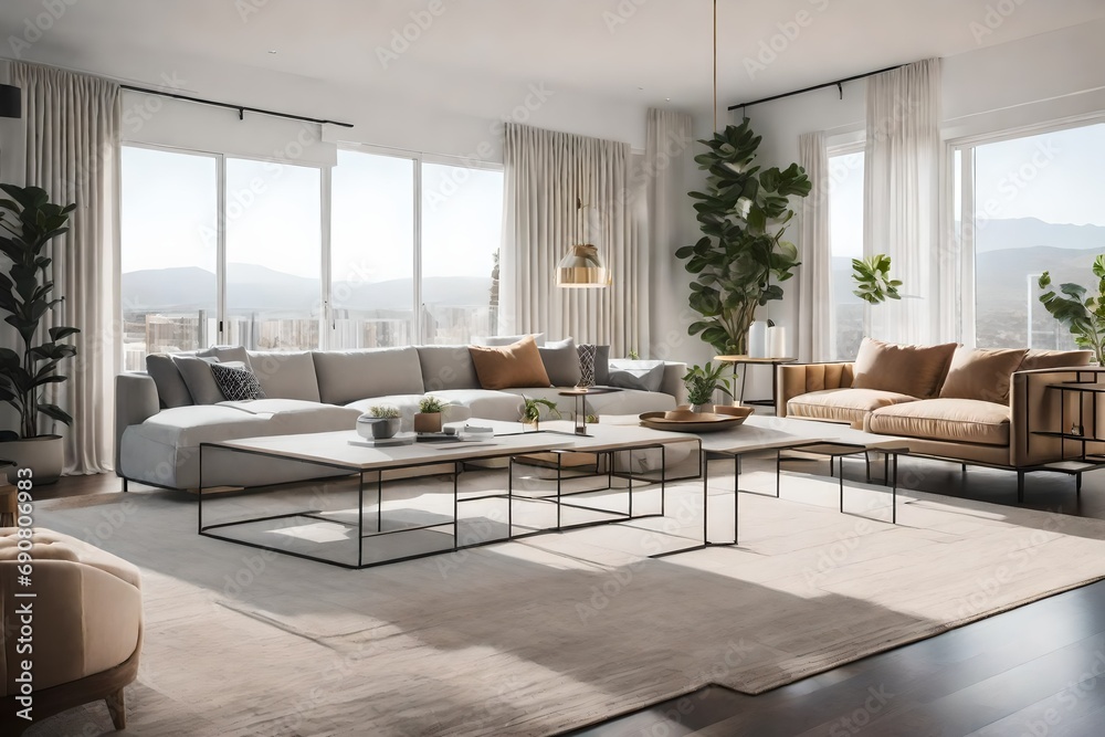 Fototapeta premium An open-concept living space with a neutral color palette and clean-lined furniture