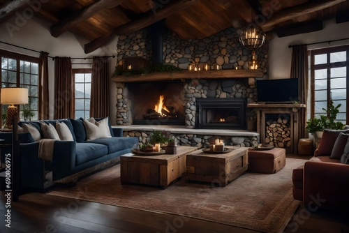 A cozy living room with a rustic stone hearth and comfortable seating © ANAS