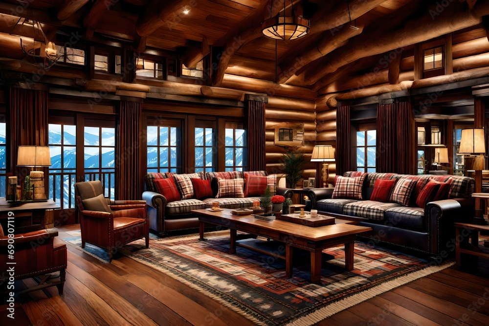 A classic mountain lodge interior with plaid upholstery and fur accents A classic mountain lodge interior with plaid upholstery and fur accents