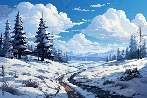 Snowy landscape with pine trees and clear blue sky